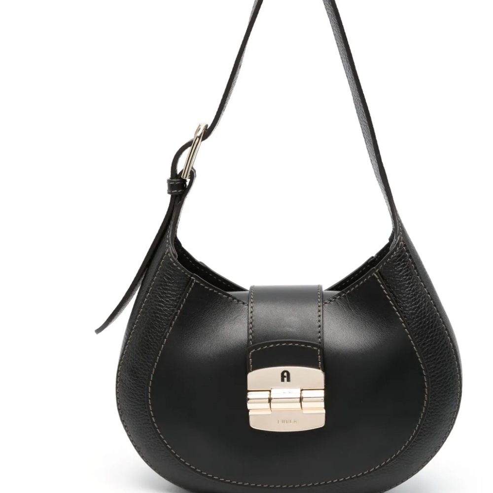 Furla Black Leather Shoulder Bag with Gold Accent